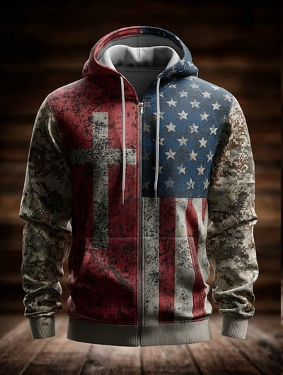 Vintage Casual Faith American Flag Zip Hoodie Christian Patriotic USA Pullover Sweatshirt Freedom Gift for Men and Women