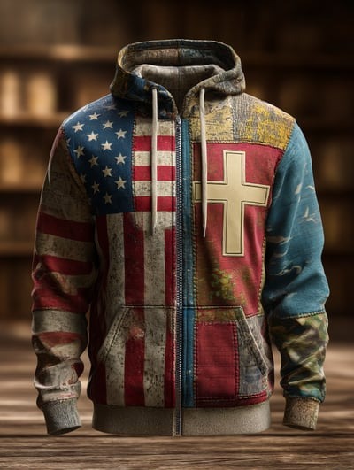 Vintage Casual Faith American Flag Zip Hoodie USA Patriotic Christian Apparel Freedom Sweatshirt for Men Women Gift