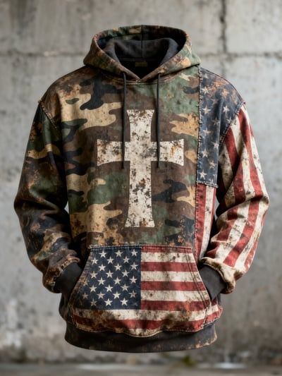 Vintage Faith Patriot American Flag Camo Hoodie Patriotic Freedom Christian USA Pullover Sweatshirt for Men and Women