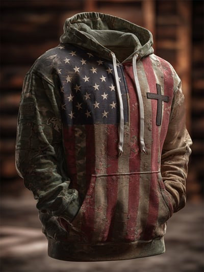 Vintage Faith American Flag Camo Hoodie Christian USA Patriotic Pullover Sweatshirt Gift Apparel
