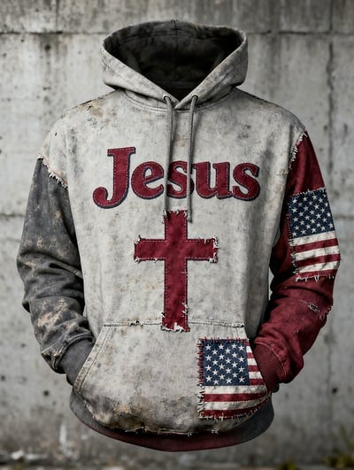 Christian Vintage Faith American Flag Hoodie Patriotic USA Apparel Pullover Sweatshirt Freedom Gift