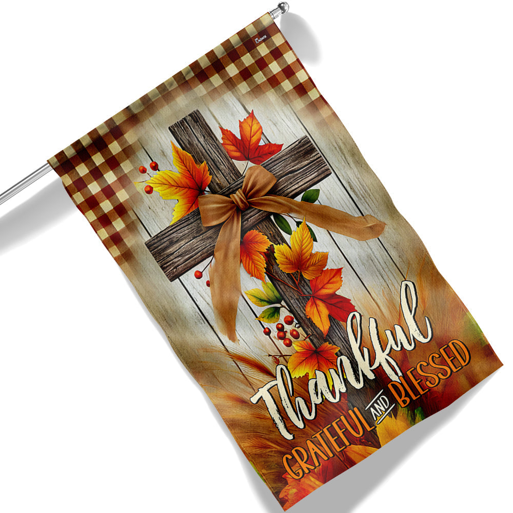 Fall Cross Thankful Grateful And Blessed Thanksgiving Halloween Flag - Liberish