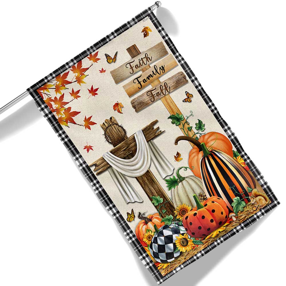 Fall Flag Faith Family Fall Christian Cross Pumpkins Thanksgiving Flag - Liberish