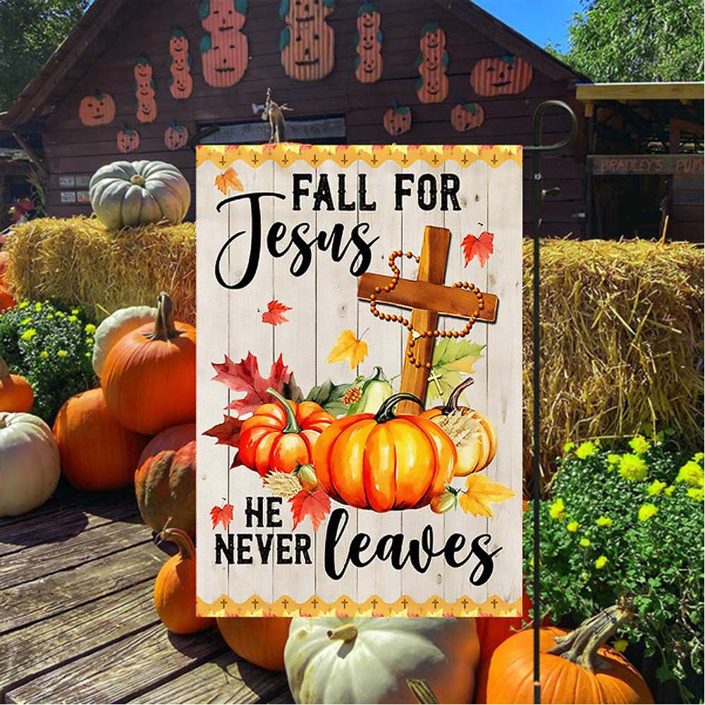 Fall Jesus Cross Flag Fall For Jesus He Never Leaves Thanksgiving Halloween Pumpkins Flag Gift For Thanksgiving Day - Liberish