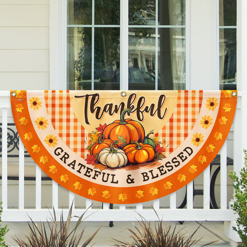 Fall Thanksgiving Pumpkins Harvest Thankful Grateful Blessed Non Pleated Fan Flag - Liberish