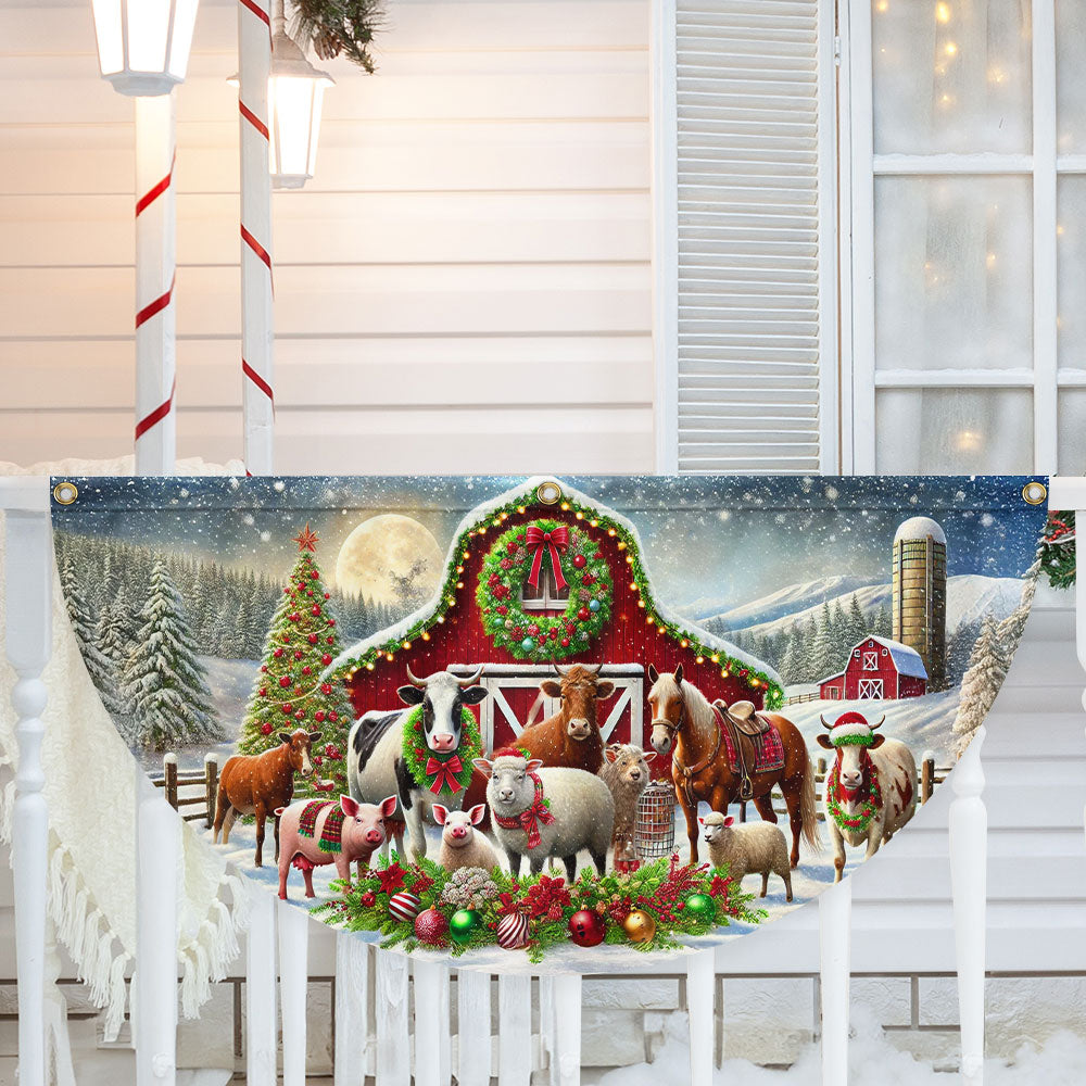 Farm Animals Christmas Red Barn Non Pleated Fan Flag - Liberish