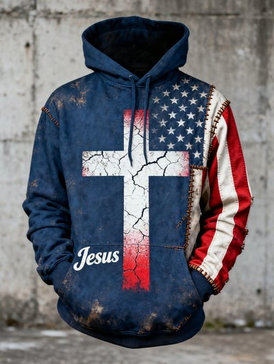 Vintage Faith American Flag Hoodie Patriotic Christian USA Pullover Sweatshirt for Men and Women Gift