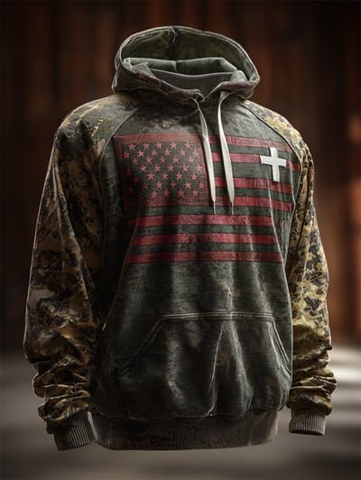 Vintage Faith Patriot American Flag Camo Hoodie USA Patriotic Christian Gift Pullover Sweatshirt for Men Women