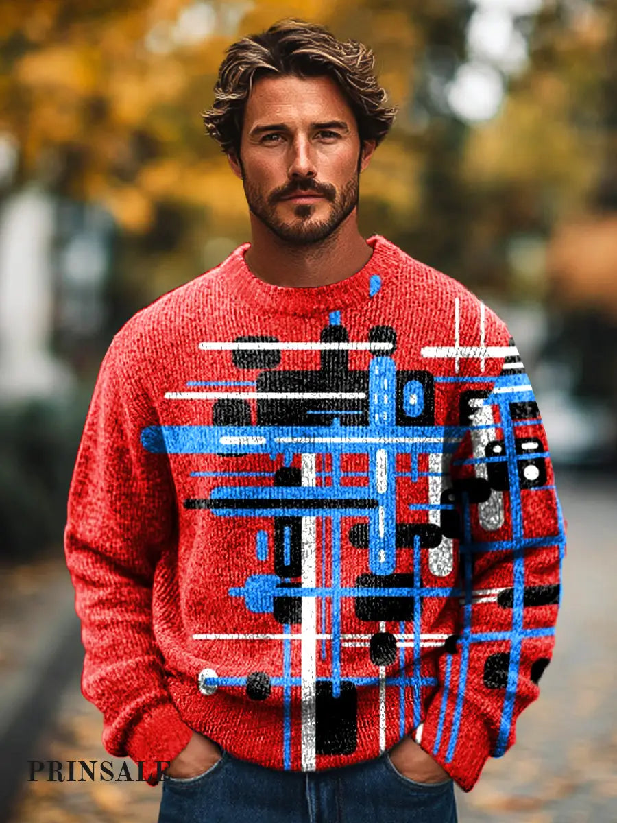 Gentleman Vintage Christmas Red Geometric Line Art Print Knit Crew Neck Pullover