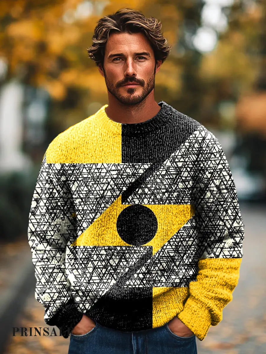 Gentleman Vintage Color Geometric Art Print Knit Crew Neck Pullover Hoodie