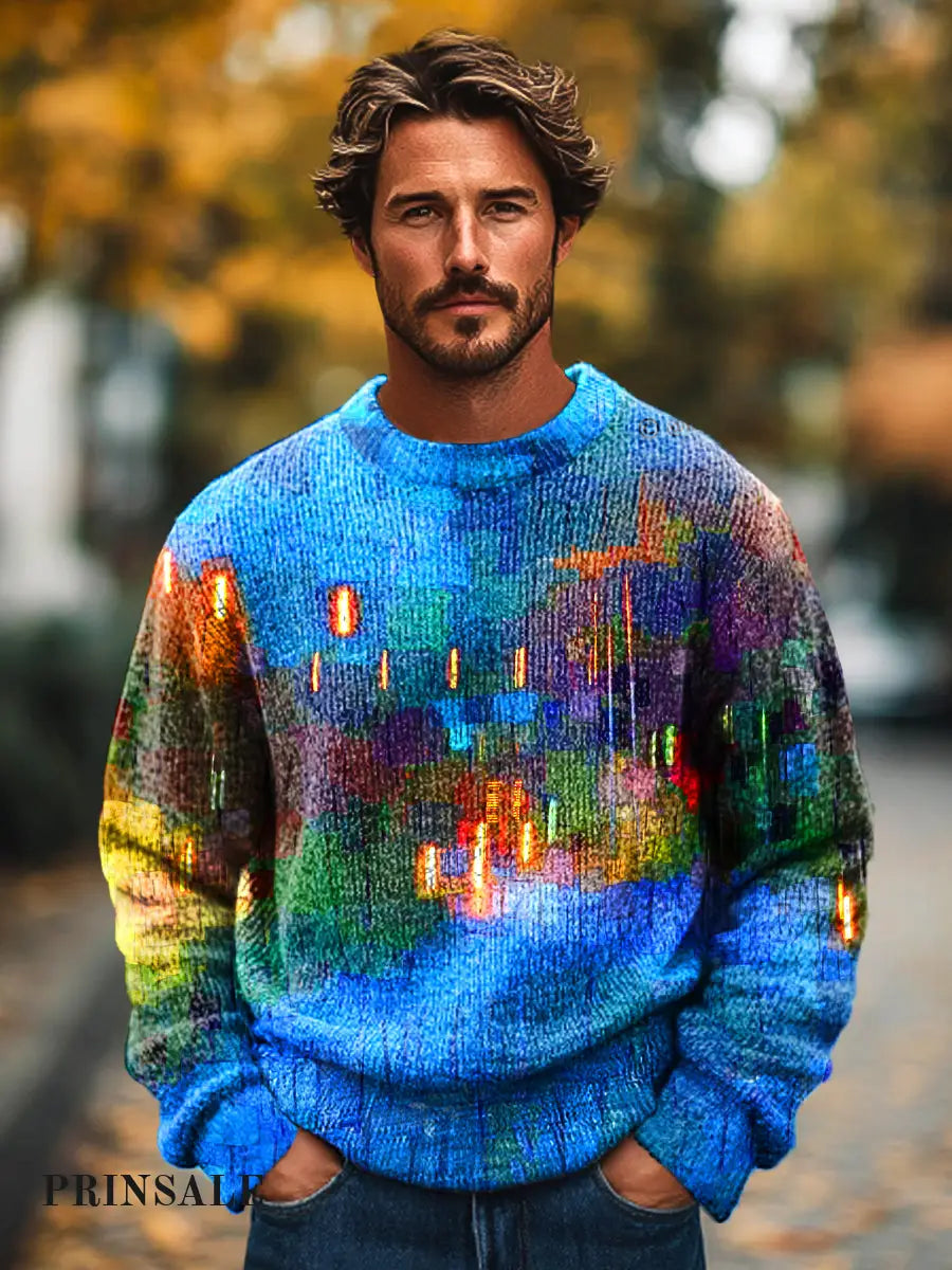 Gentleman Vintage Colorful Geometric Watercolor Art Print Knit Crew Neck Pullover