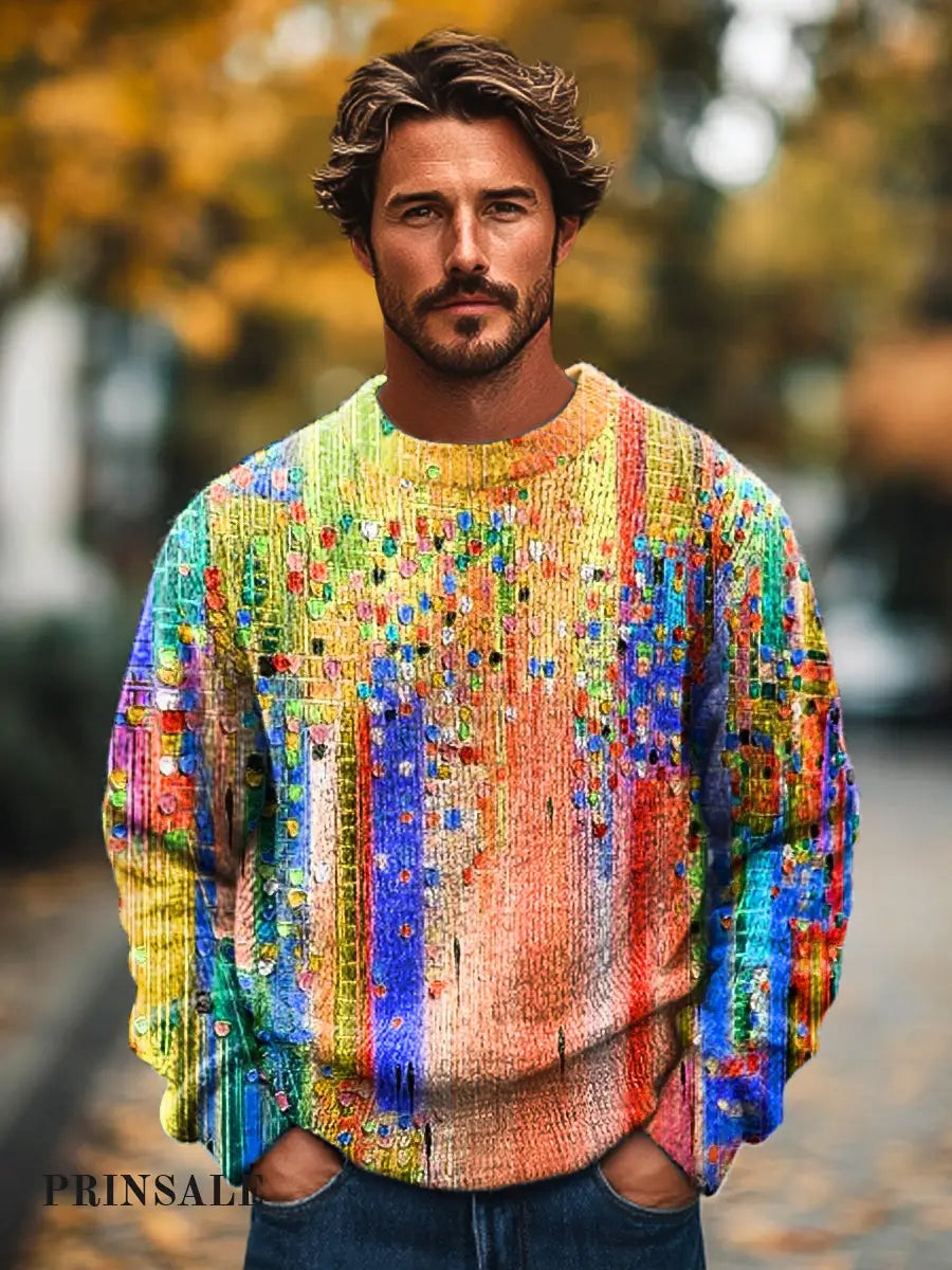 Gentleman's Vintage Multicolor Abstract Gradient Art Printed Knit Crew Neck Pullover