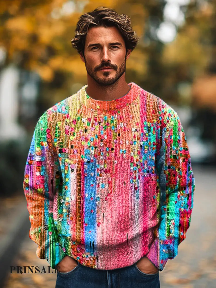 Gentleman's Vintage Multicolor Abstract Gradient Art Printed Knit Crew Neck Pullover