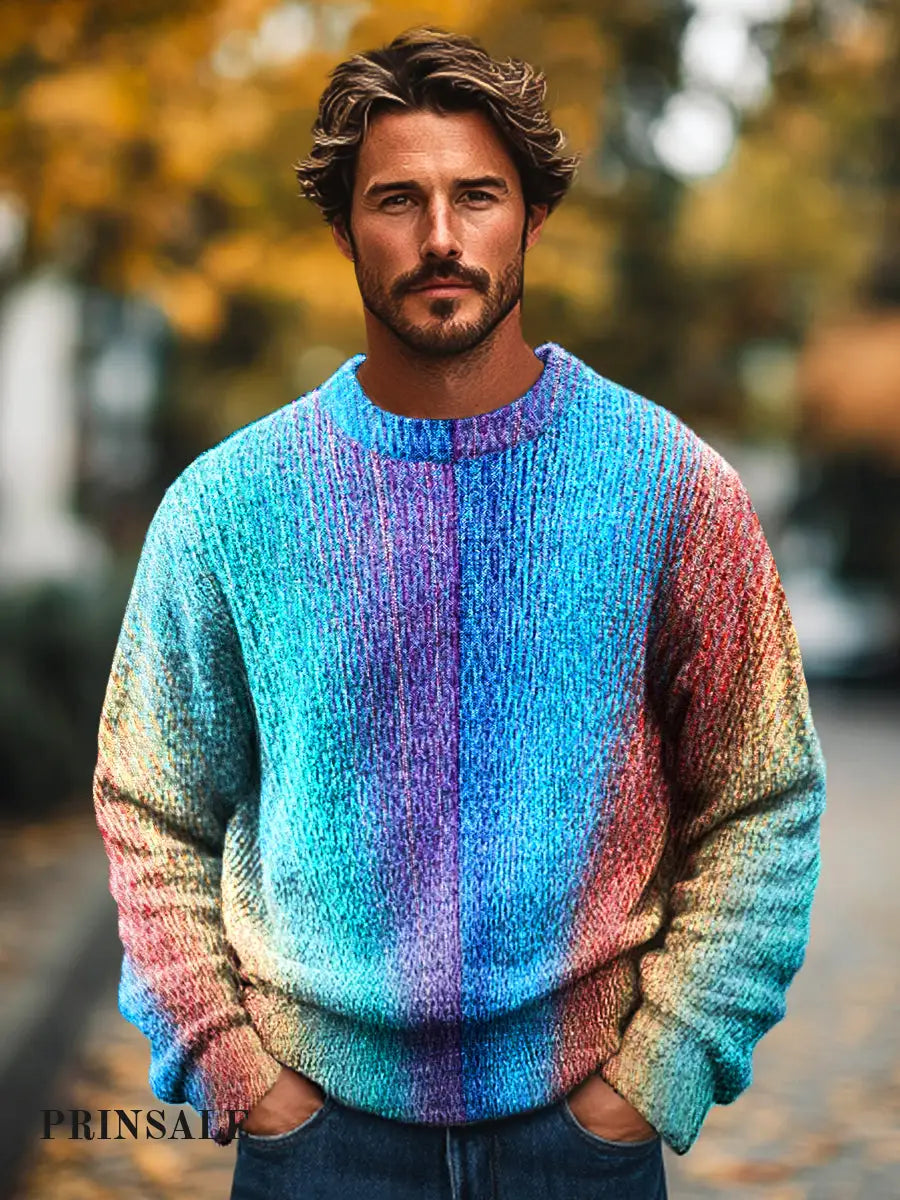 Gentleman's Vintage Multicolor Radial Stripe Art Print Knit Crew Neck Pullover
