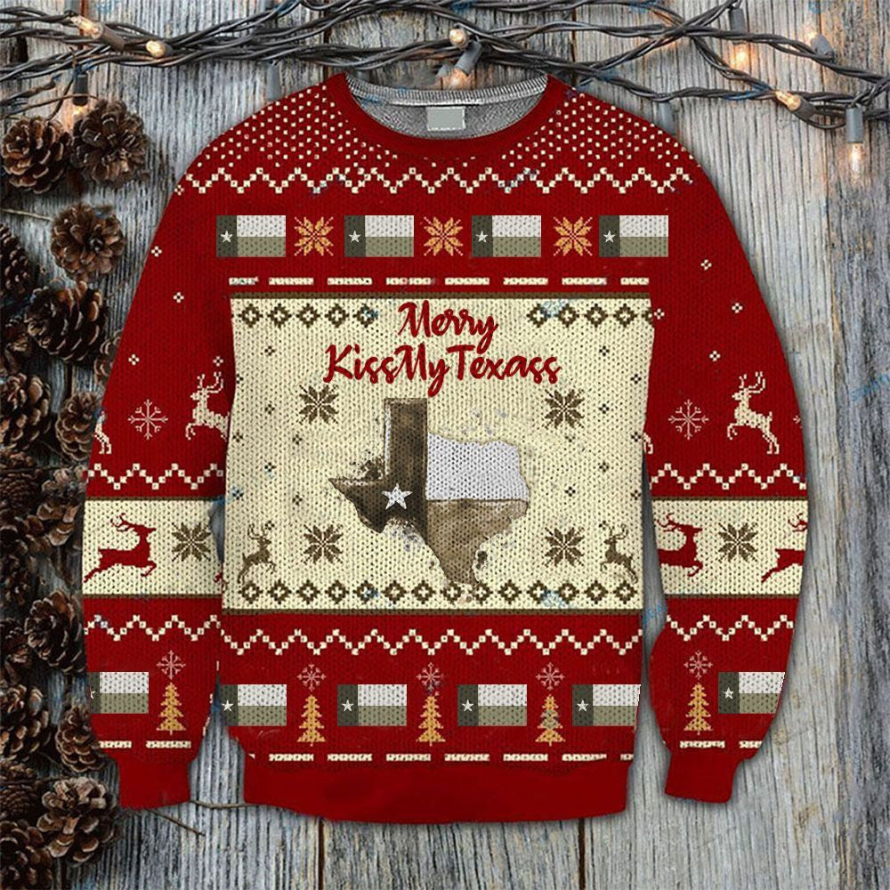 Merry Kiss My Texas Sweatshirt Texas Flag Proud Texan Ugly Sweater Christmas Apparel