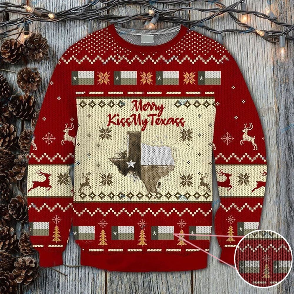 Merry Kiss My Texas Sweatshirt Texas Flag Proud Texan Ugly Sweater Christmas Apparel