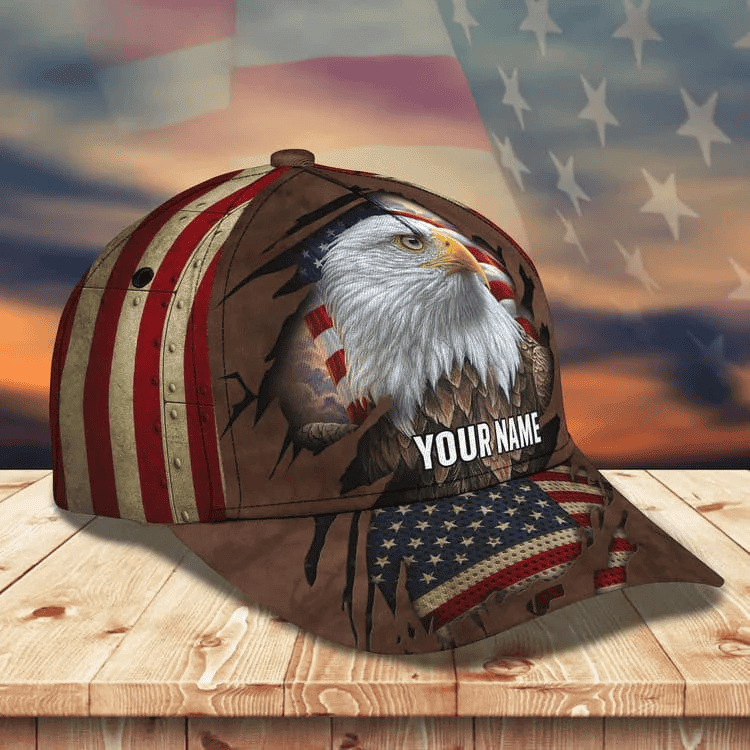 Customized Eagle Cap Leather American Flag Pattern, Eagle Hat for Dad, Eagle 3D baseball Cap for Veteran