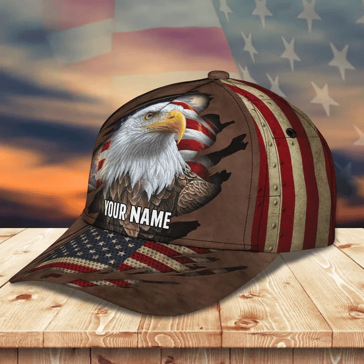 Customized Eagle Cap Leather American Flag Pattern, Eagle Hat for Dad, Eagle 3D baseball Cap for Veteran