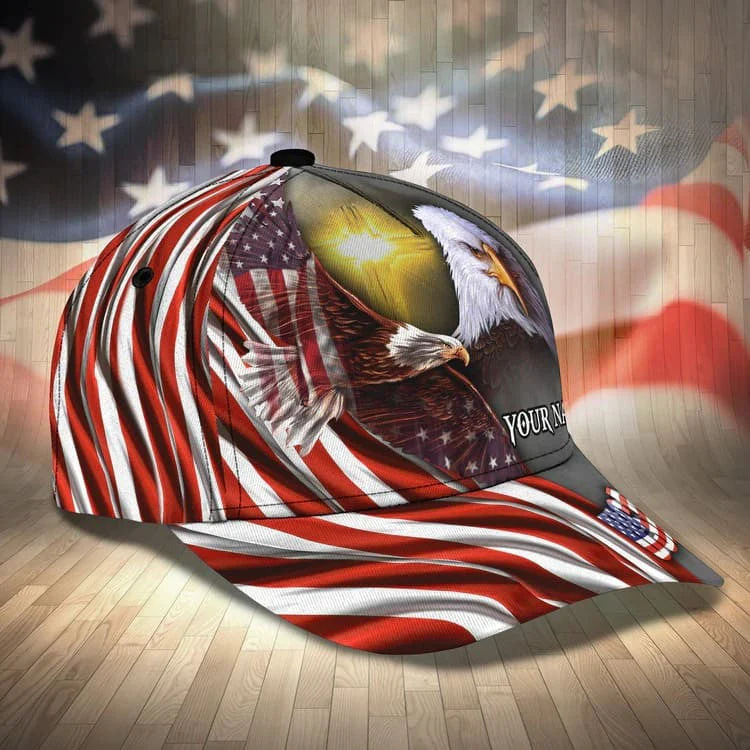 Customized Eagle Cap Leather American Flag Pattern, Eagle Hat for Dad, Eagle 3D baseball Cap for Veteran