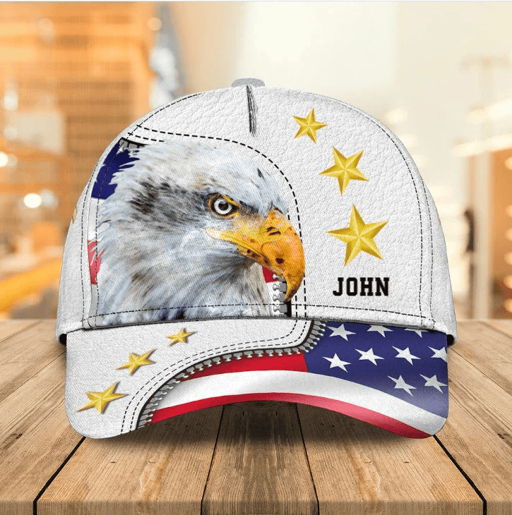 Customized Eagle Cap Leather American Flag Pattern, Eagle Hat for Dad, Eagle 3D baseball Cap for Veteran