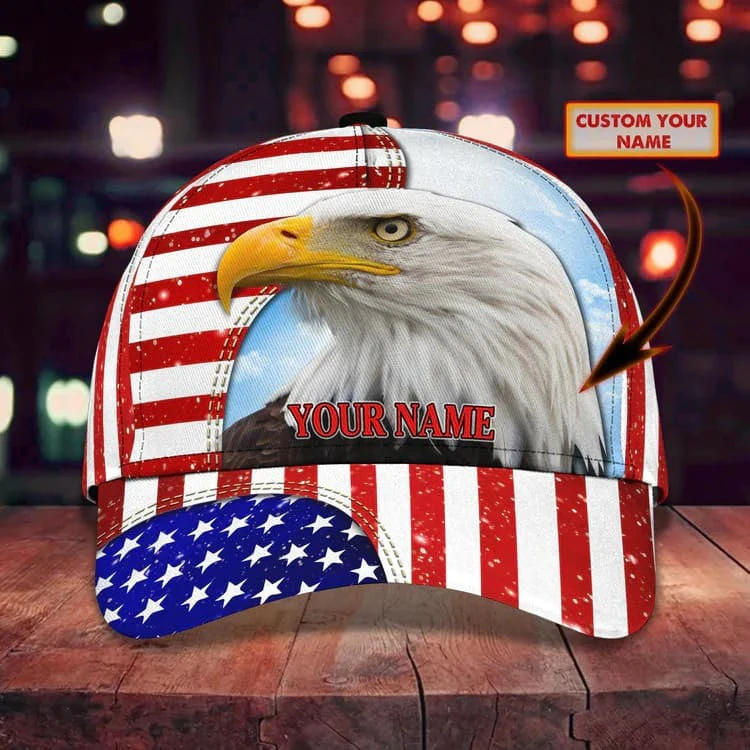 Customized Eagle Cap Leather American Flag Pattern, Eagle Hat for Dad, Eagle 3D baseball Cap for Veteran