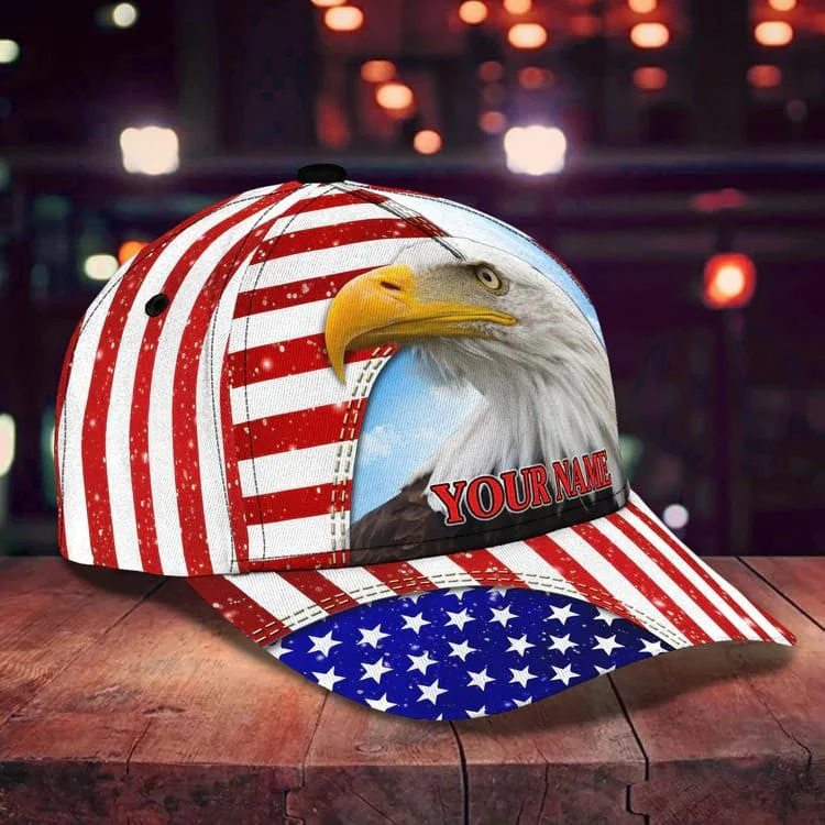Customized Eagle Cap Leather American Flag Pattern, Eagle Hat for Dad, Eagle 3D baseball Cap for Veteran