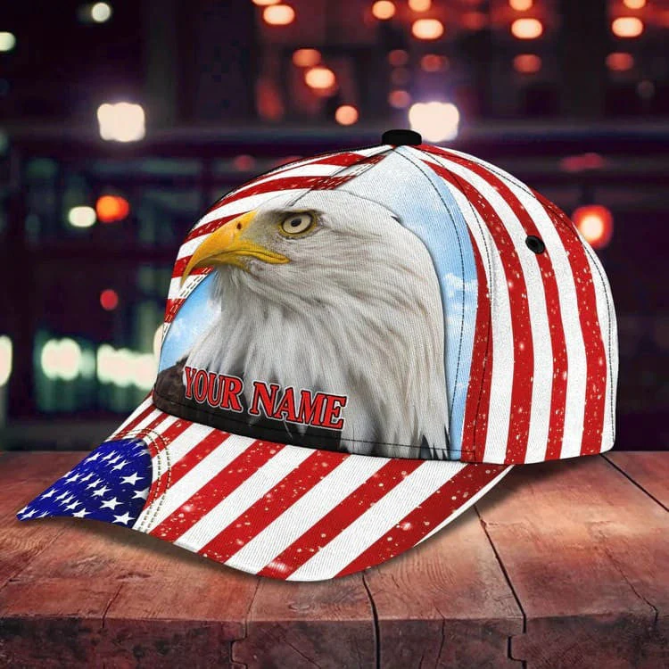 Customized Eagle Cap Leather American Flag Pattern, Eagle Hat for Dad, Eagle 3D baseball Cap for Veteran