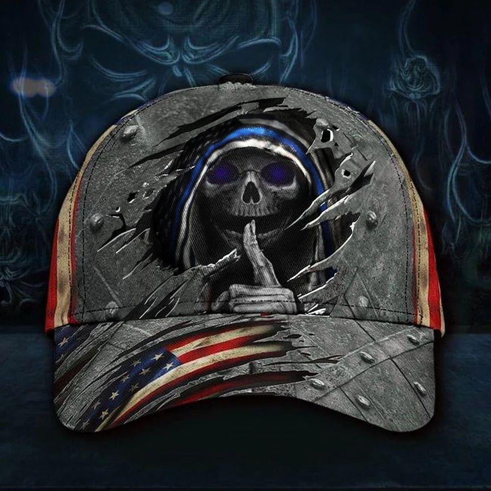 Skull Thin Blue Line 3D Print Vintage USA Flag Veterans Day Classic Cap