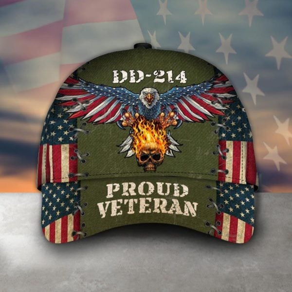 DD-214 Proud Veteran Eagle And Fire Skull American Flag Veterans Day Classic Cap