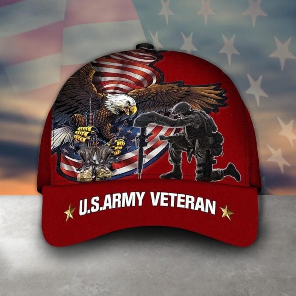 US Army Veteran Eagle With Rifle Guns And Kneeling Soldier Combat Boots Dog Tags Veteran Days Classic Cap