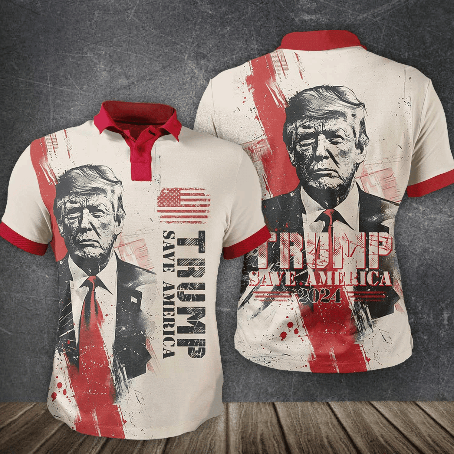 Donald Trump 2024 Save America American Flag T-shirt Over Print Polo Shirt