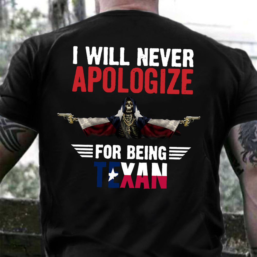 MadebymunI Will Never Apologize For Being Texas Shirt Texas Flag Skull With Gun T-Shirt