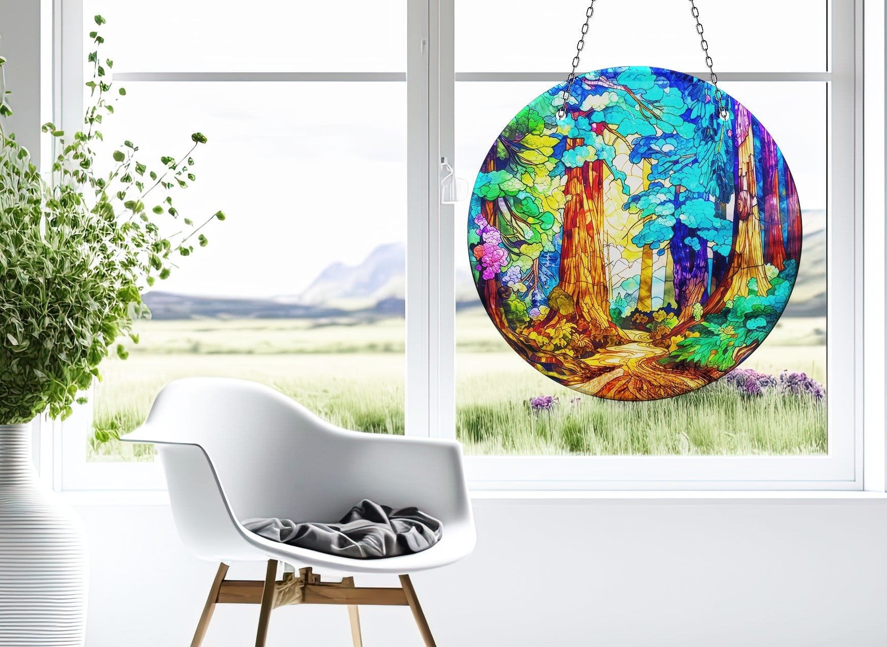 Landscape Painting Stained Faux Stained Glass Suncatcher Window Hanging Home Decor Sun Catcher Gift Idea