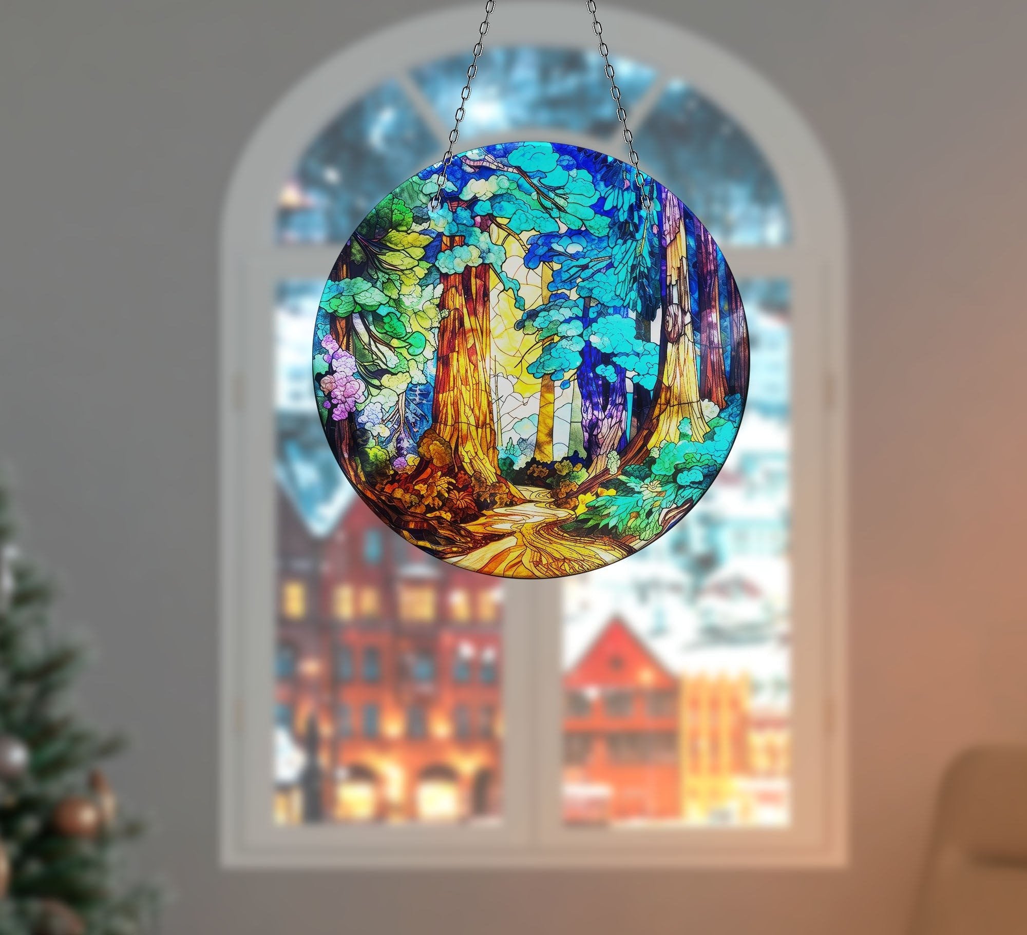 Landscape Painting Stained Faux Stained Glass Suncatcher Window Hanging Home Decor Sun Catcher Gift Idea