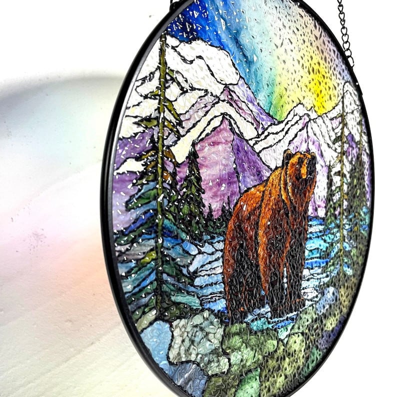 Bear Lake Mountain Landscape Faux Stained Glass Suncatcher, Grizzly, Rockies, Gifts, Window Hanging, Indoor Decor, Sun Catcher