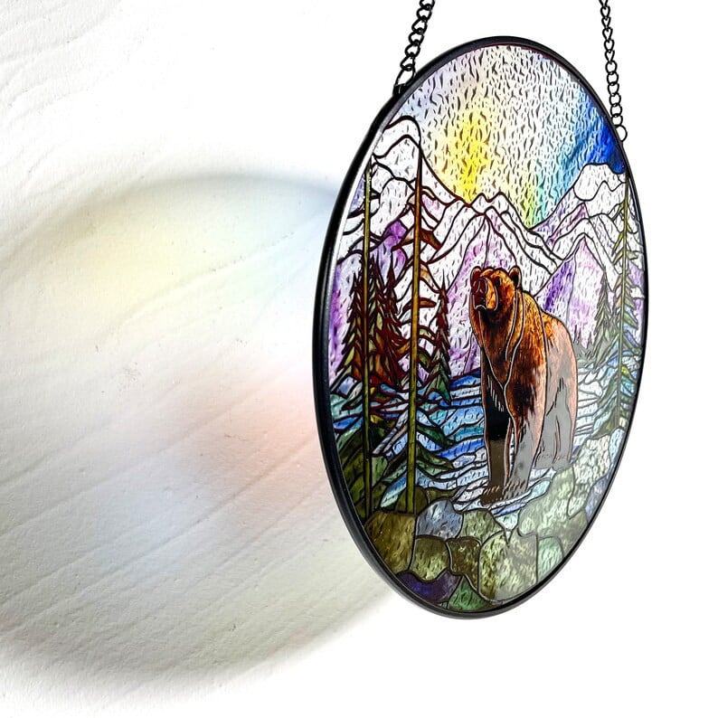 Bear Lake Mountain Landscape Faux Stained Glass Suncatcher, Grizzly, Rockies, Gifts, Window Hanging, Indoor Decor, Sun Catcher