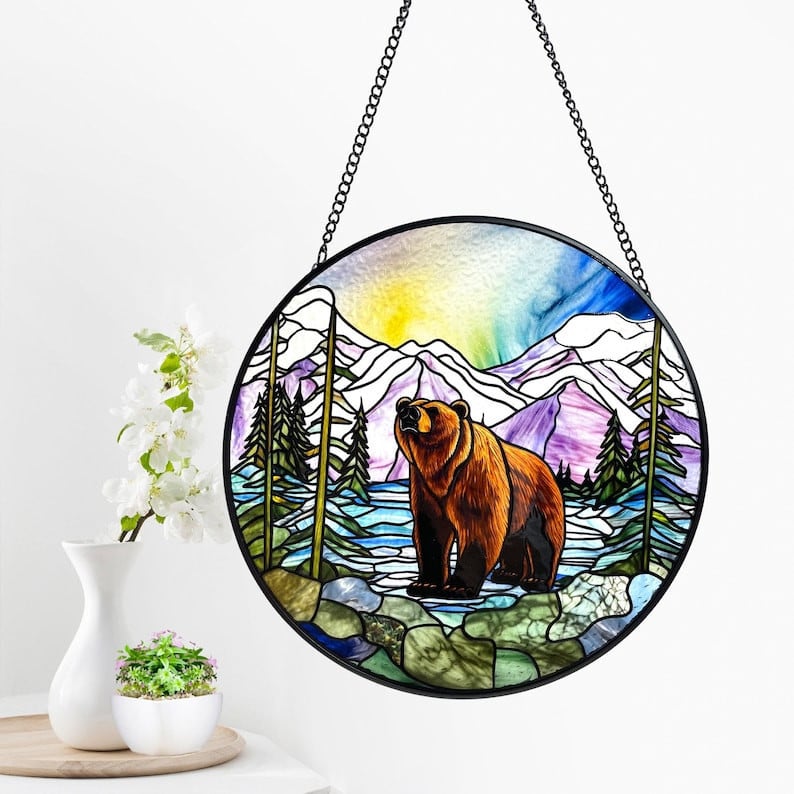 Bear Lake Mountain Landscape Faux Stained Glass Suncatcher, Grizzly, Rockies, Gifts, Window Hanging, Indoor Decor, Sun Catcher