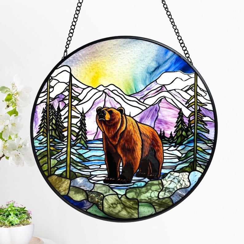 Bear Lake Mountain Landscape Faux Stained Glass Suncatcher, Grizzly, Rockies, Gifts, Window Hanging, Indoor Decor, Sun Catcher