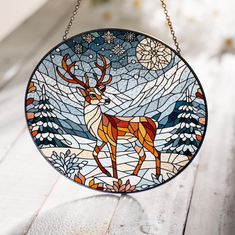 Deer in a Snowy Landscape Faux Stained Glass Suncatcher Decor, Deer Window Hanging Decor, Snowy Landscape Suncatcher, Housewarming Gift Decor
