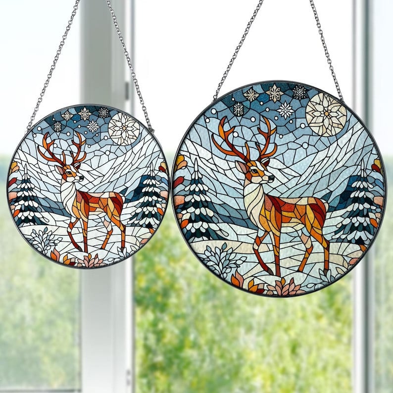 Deer in a Snowy Landscape Faux Stained Glass Suncatcher Decor, Deer Window Hanging Decor, Snowy Landscape Suncatcher, Housewarming Gift Decor