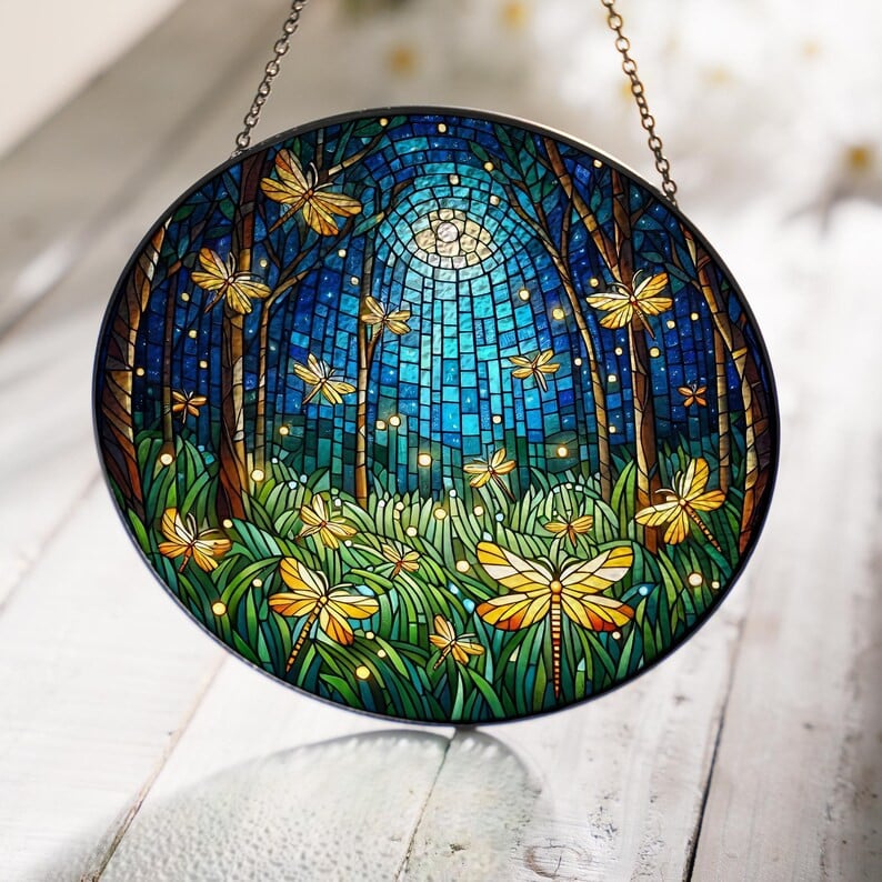 Fireflies in a Night Forest Faux Stained Glass Suncatcher Decor, Fireflies Window Hanging Decor, Forest Landscape Suncatcher, Housewarming Gift