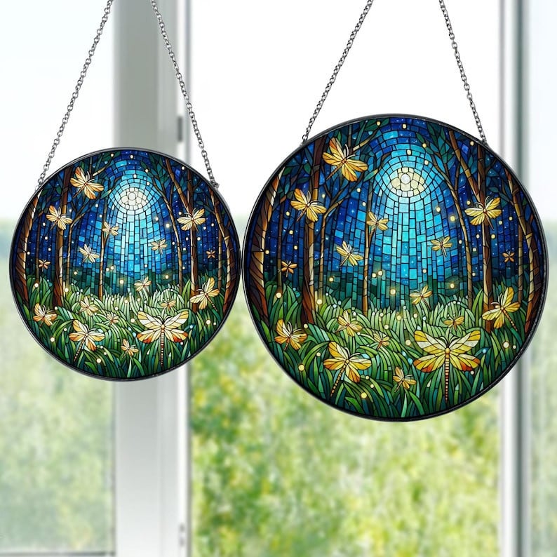 Fireflies in a Night Forest Faux Stained Glass Suncatcher Decor, Fireflies Window Hanging Decor, Forest Landscape Suncatcher, Housewarming Gift