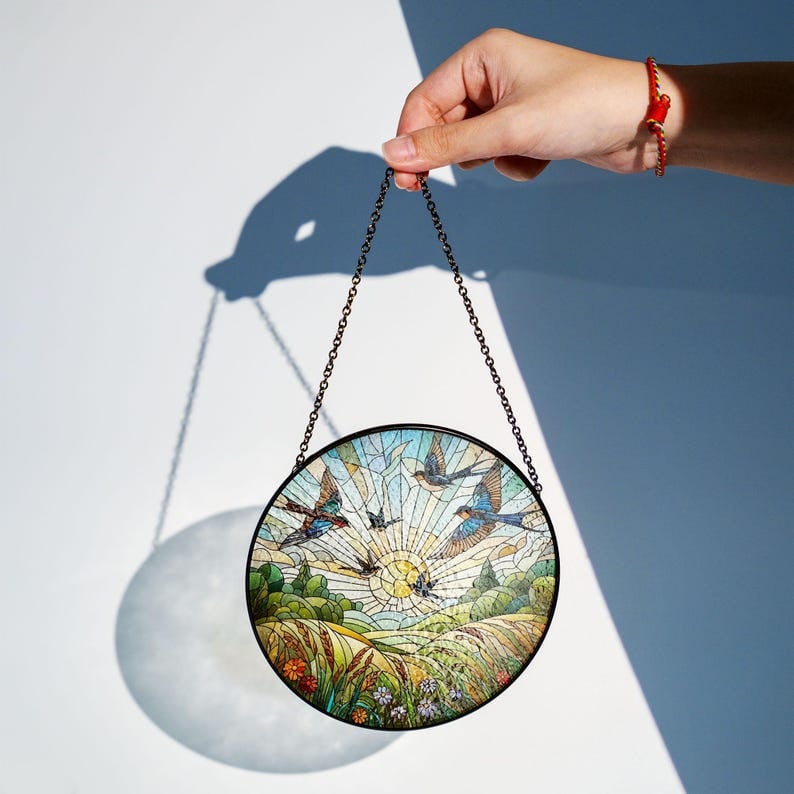 Birds Flying Over a Meadow Faux Stained Glass Suncatcher Decor, Birds Window Hanging, Meadow Field Landscape Suncatcher, Housewarming Gift