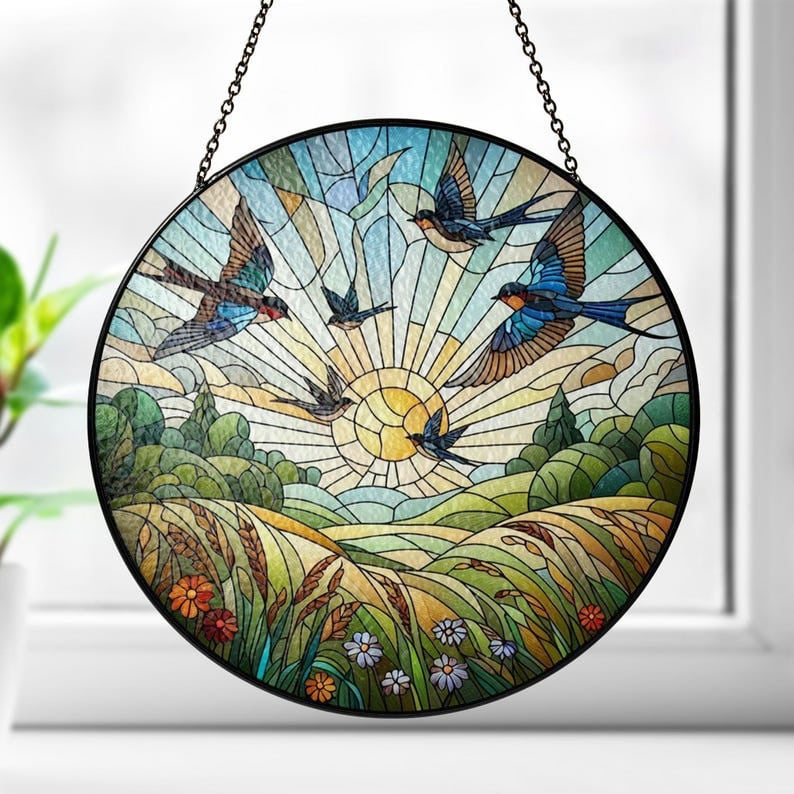 Birds Flying Over a Meadow Faux Stained Glass Suncatcher Decor, Birds Window Hanging, Meadow Field Landscape Suncatcher, Housewarming Gift