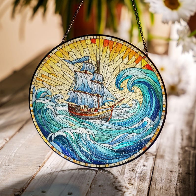 Boat with Ocean Waves Faux Stained Glass Suncatcher Decor, Boat Window Hanging, Ocean Waves Landscape Suncatcher, Housewarming Gift