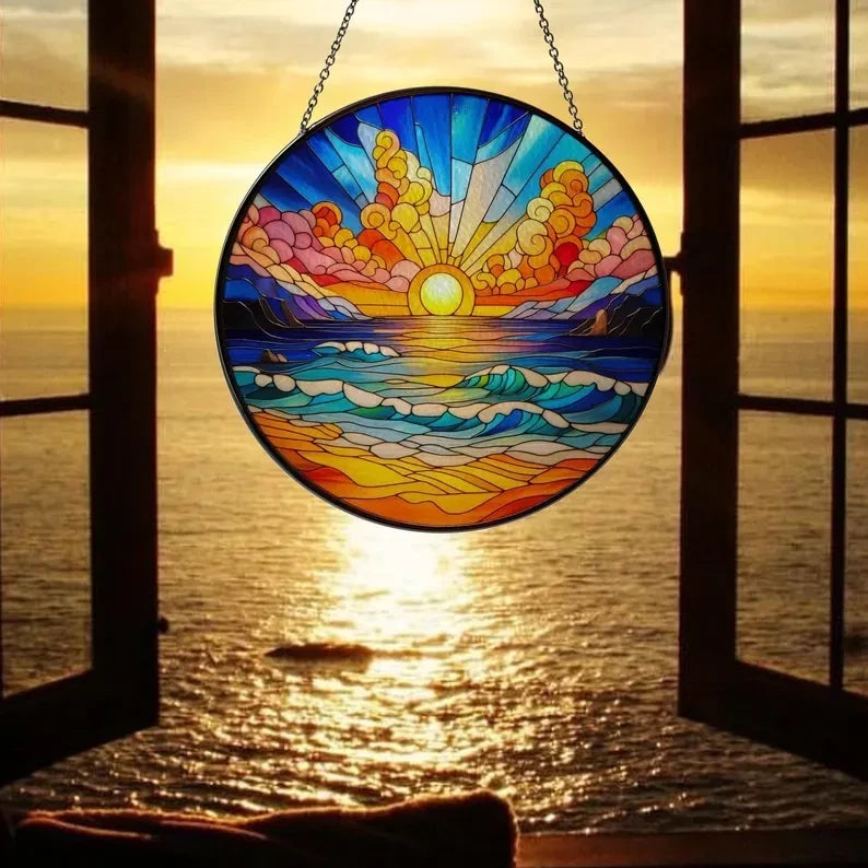 Beach Sunset Painted Glass, Sunset Suncatcher, Beach Home Decor, Gift For Her, Beach Landscape Glass Art, Ocean Sunset Window Hanging