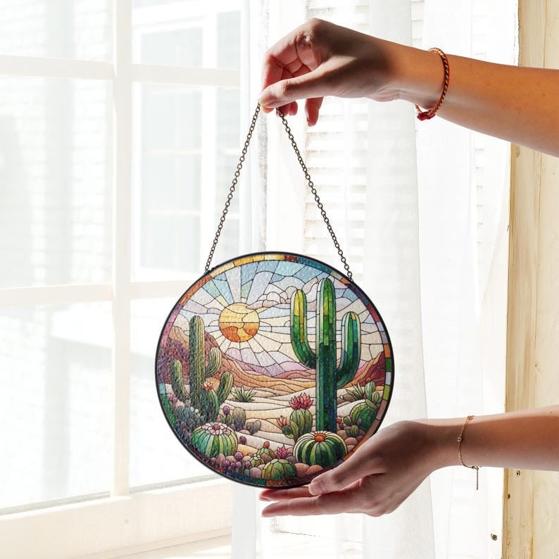 Desert Cactus Landscape Glass Suncatcher, Sunset Suncatcher, Western Desert Gift, Landscape Hanging, Wildlife Suncatcher, Housewarming Gift