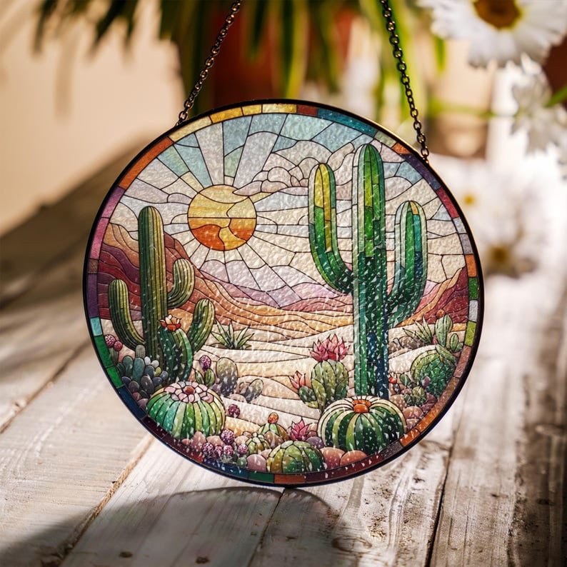 Desert Cactus Landscape Glass Suncatcher, Sunset Suncatcher, Western Desert Gift, Landscape Hanging, Wildlife Suncatcher, Housewarming Gift