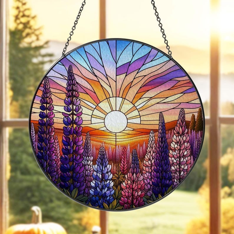 Glass Lupine Field Hanging, Sunset Landscape Glass Hanging, Lupine Suncatcher, Flowers Glass Ornament, Gardener Gift, Sunset Lover