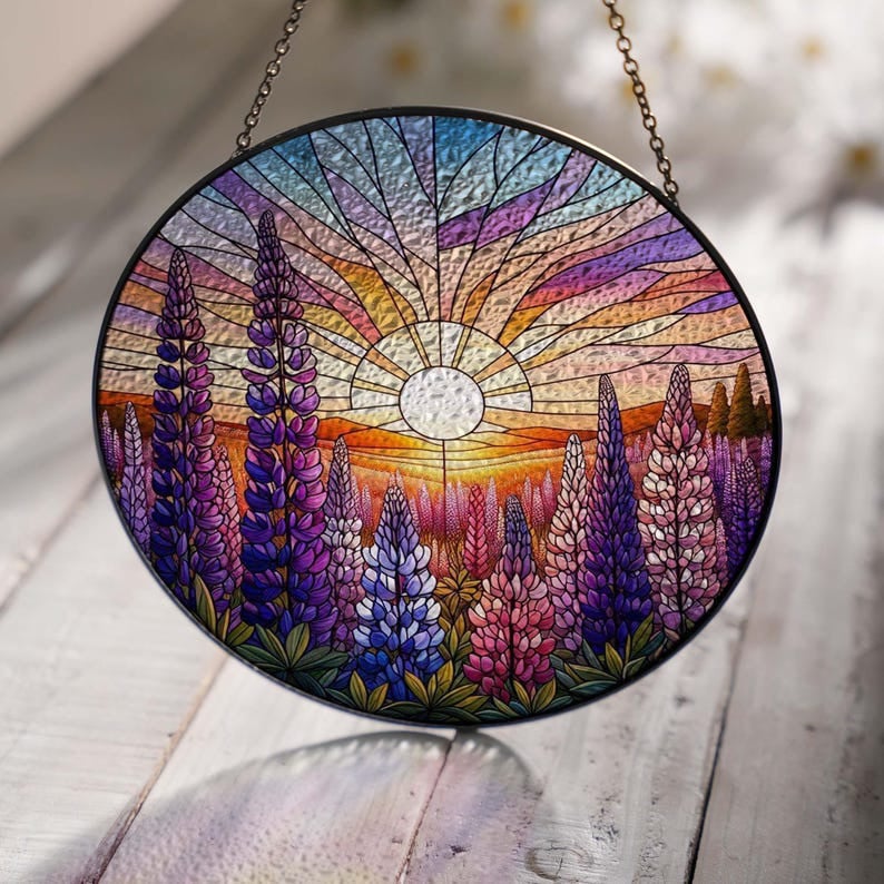 Glass Lupine Field Hanging, Sunset Landscape Glass Hanging, Lupine Suncatcher, Flowers Glass Ornament, Gardener Gift, Sunset Lover